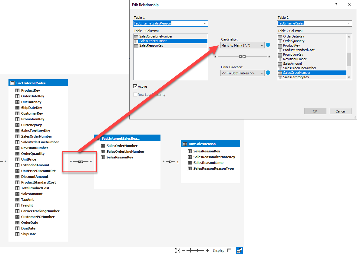 รูปภาพแสดงการปรับตั้งความสัมพันธ์ให้เป็น Many-to-Many ของ Tabular Data Model